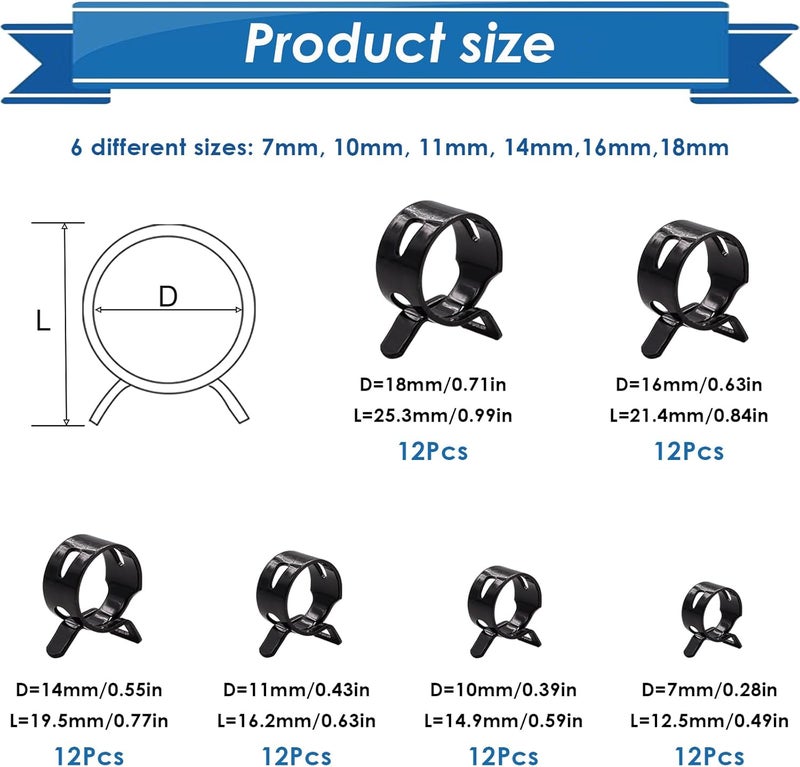 Eoppen 72Pcs Spring Hose Clamps Fuel Line Silicone Vacuum Hose Low Pressure Air Clamps & Sleeving Automotive Replacement Fastener Assortment Kit 6 Sizes (7mm 10mm 11mm 14mm 16mm 18mm) Black - Image 2